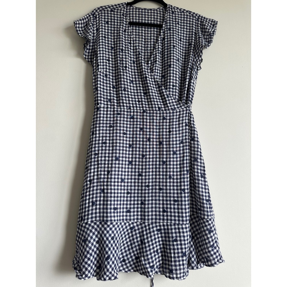 Rails Leanne Navy Gingham Polka Dot Linen Blend Wrap Dress Medium Short Sleeve